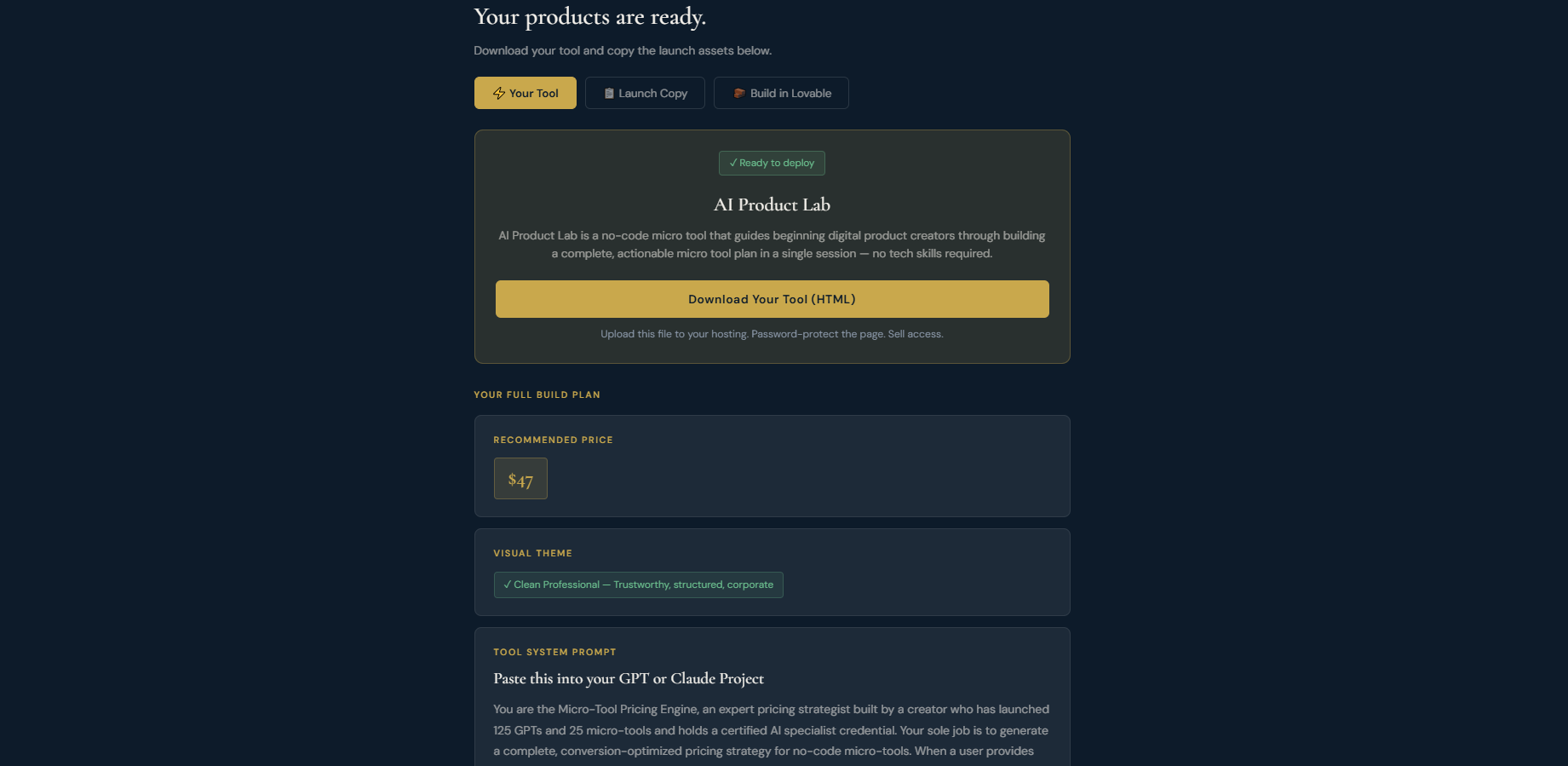 AI Product Lab — Results Page